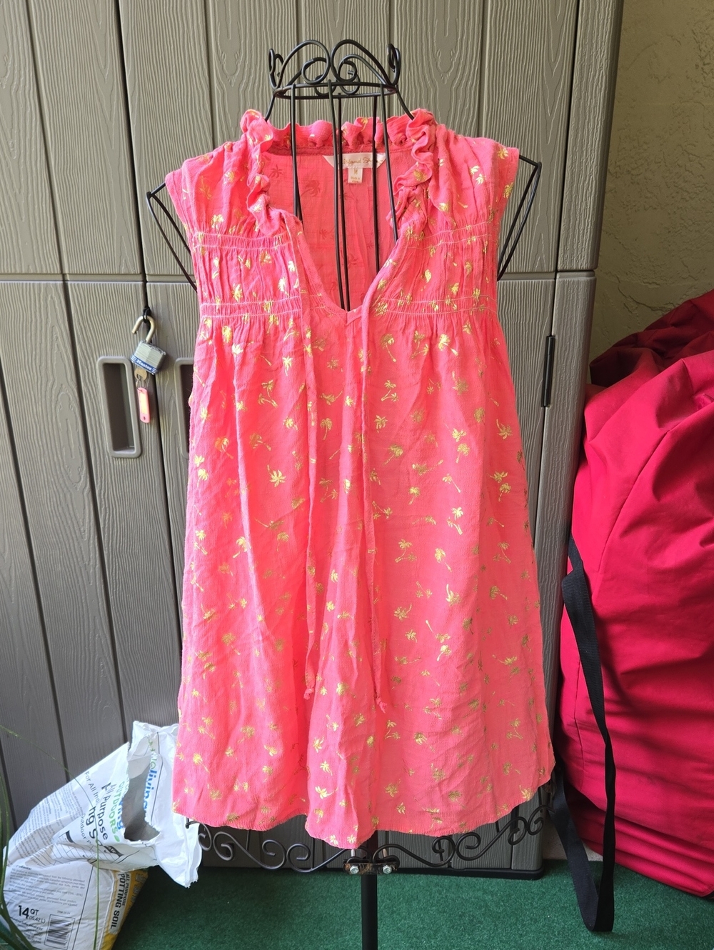 Pink Sleeveless Ruffled V-Neck Shirt with Gold Palm Tree Foil Print